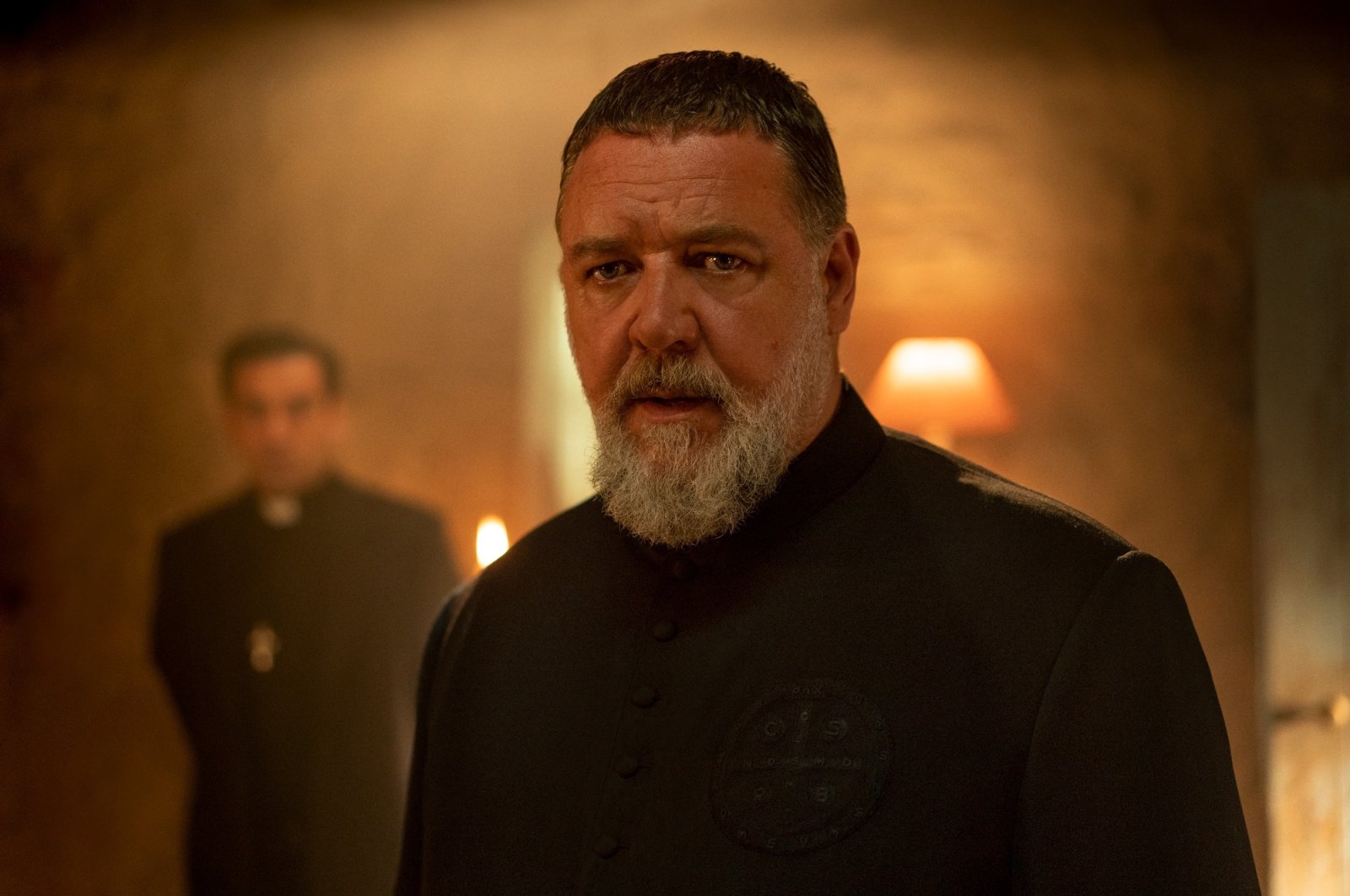Father Gabriele Amorth (Russell Crowe) in Screen Gems&#039; &quot;The Pope&#039;s Exorcist.&quot; (Photo courtesy of Sony Pictures)