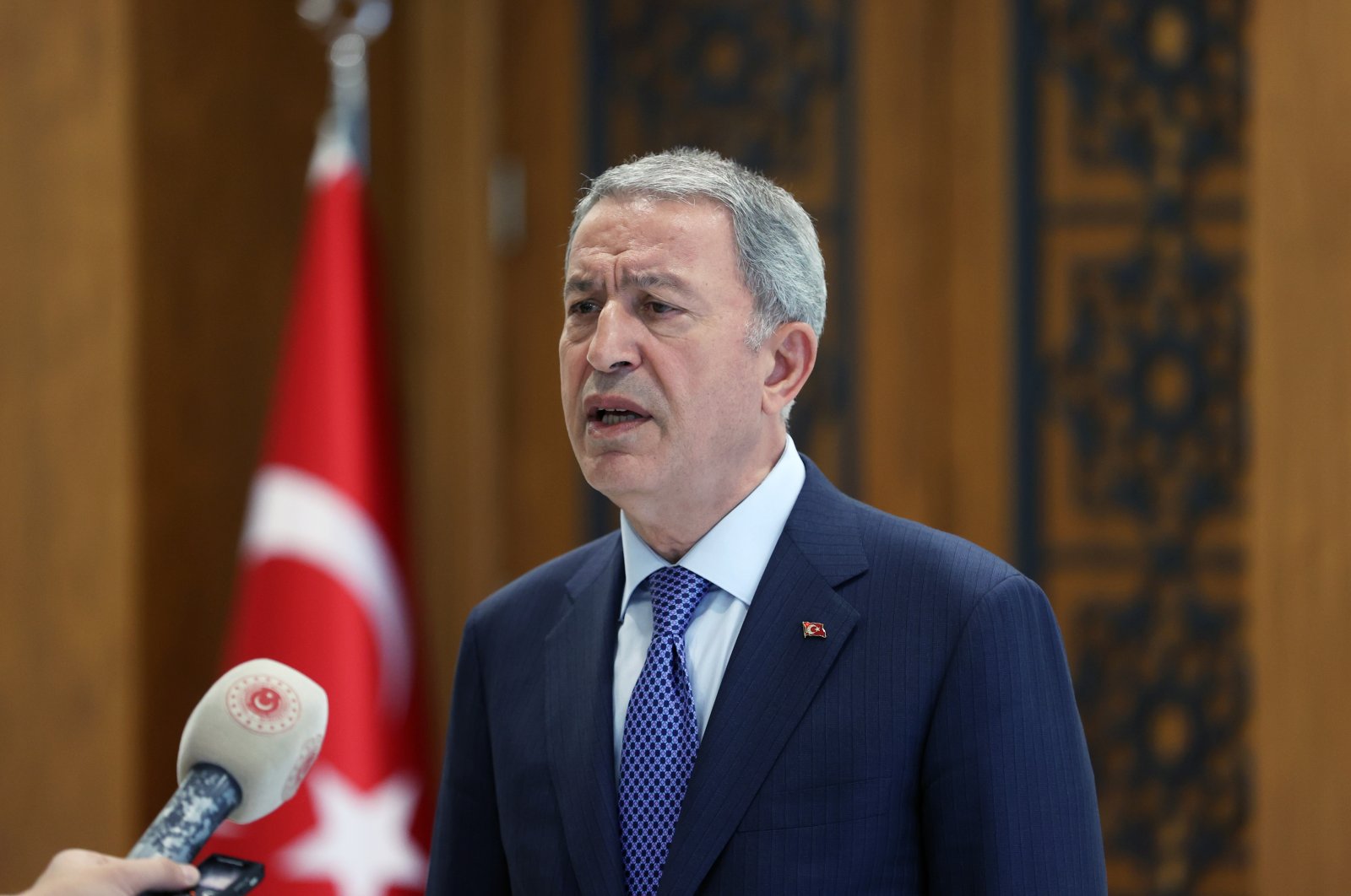 Defense Minister Hulusi Akar speaks to reporters in Kayseri, Türkiye, May 4, 2023. (AA Photo)