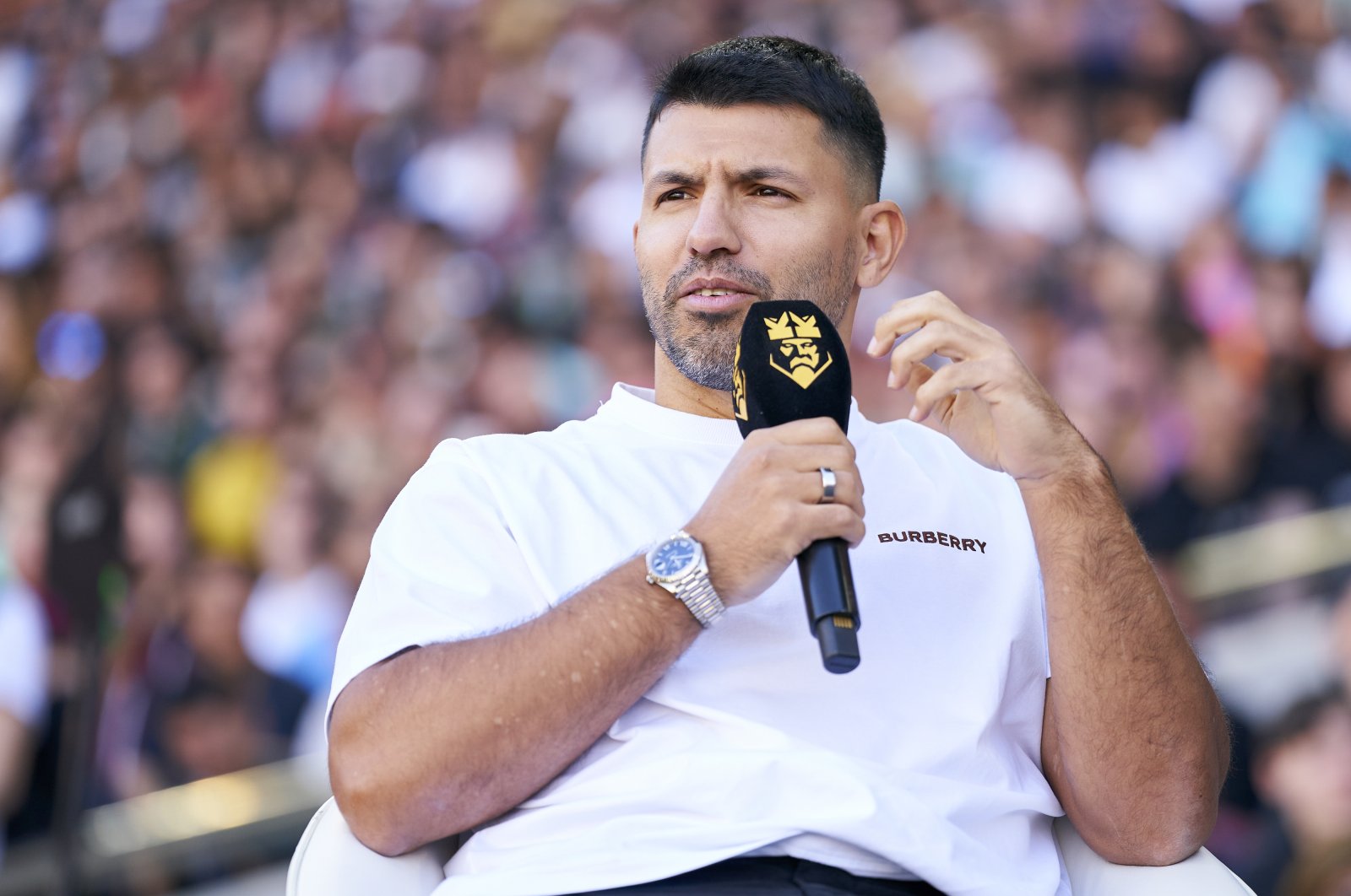 Sergio Kun Aguero, president of Kunisports, attends the Final Four of the Kings League Tournament 2023 at Camp Nou stadium, Barcelona, Spain, March 26, 2023. (Getty Images Photo)