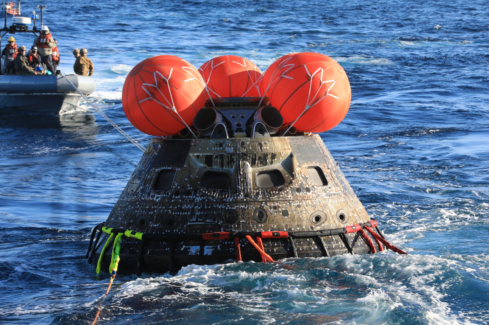 NASA&#039;s Orion spacecraft for the Artemis I mission is seen after splashing down in the Pacific Ocean after a 25.5-day mission to the Moon, Dec. 11, 2022. (Reuters Photo)