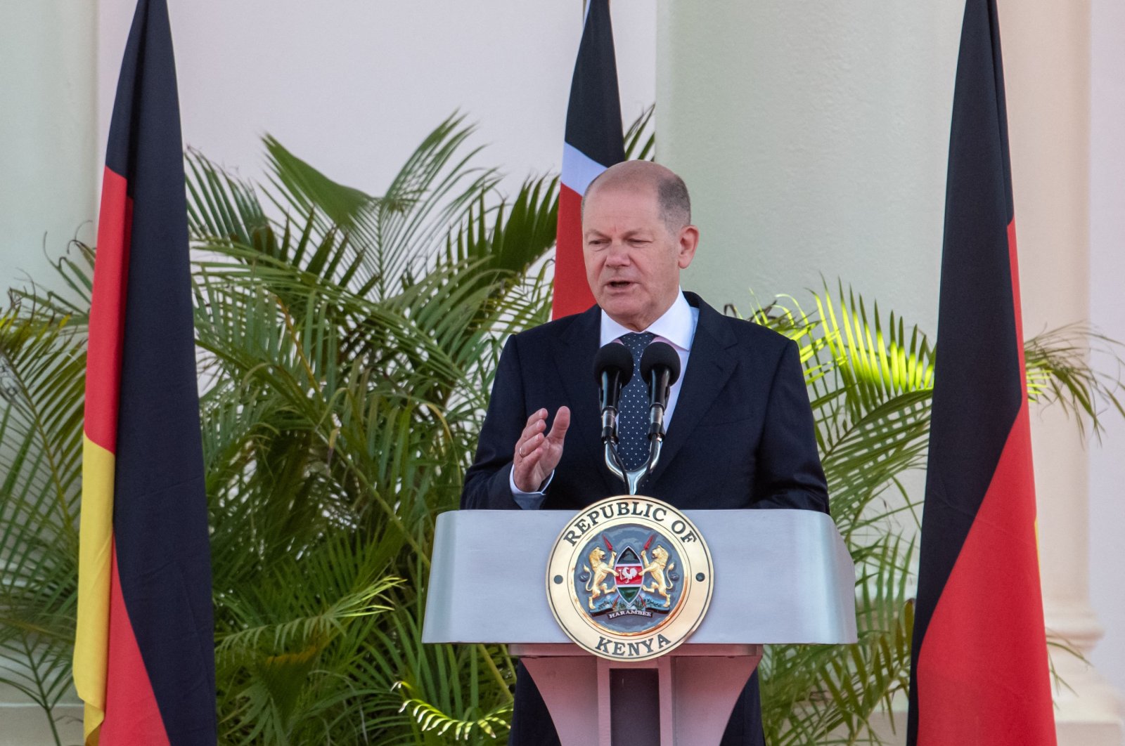 German Chancellor Olaf Scholz speaks during a joint press conference with Kenyan President William Ruto (not seen) at the State House in Nairobi, Kenya, May 5, 2023. (AFP Photo)