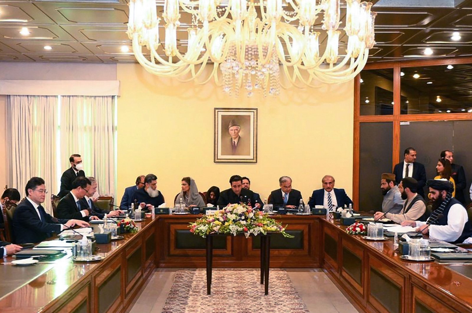 This handout photograph released by the Pakistan Information Department (PID) shows Pakistan&#039;s Foreign Minister Bilawal Bhutto Zardari (C) speaking during a meeting with Chinese Foreign Minister Qin Gang (L) and Afghanistan&#039;s interim Foreign Minister Amir Khan Muttaqi (R) during a meeting in Islamabad. (AFP Photo/Pakistan Information Department)