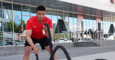 Turkish wrestler Emir Ömer Bozbağ trains ahead of Albania U-17 European Wrestling Championships, Malatya, Türkiye, May 2, 2023. (AA Photo)