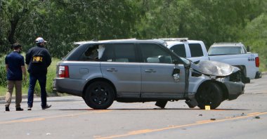 Law enforcement officers investigate the scene of a deadly car-ramming incident, Brownsville, Texas, U.S., May 7, 2023. (Reuters Photo)
