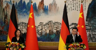 German Foreign Minister Annalena Baerbock and Chinese Foreign Minister Qin Gang attend a joint press conference at the Diaoyutai State Guesthouse in Beijing, China, April 14, 2023. (Reuters Photo)