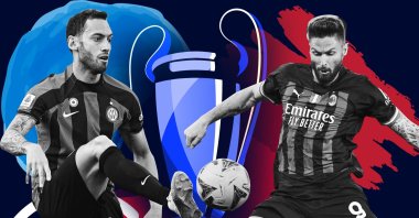 An illustration of the UEFA Champions League trophy between Inter Milan&#039;s Hakan Çalhanoğlu (L) and AC Milan&#039;s Olivier Giroud. (Illustration by Büşra Şen)