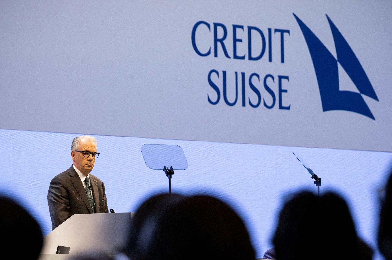 Credit Suisse CEO Ulrich Koerner speaks during the Annual General Meeting, two weeks after being bought by rival UBS in a government-brokered rescue, at Hallenstadion, in Zurich, Switzerland, April 4, 2023. (Reuters Photo)