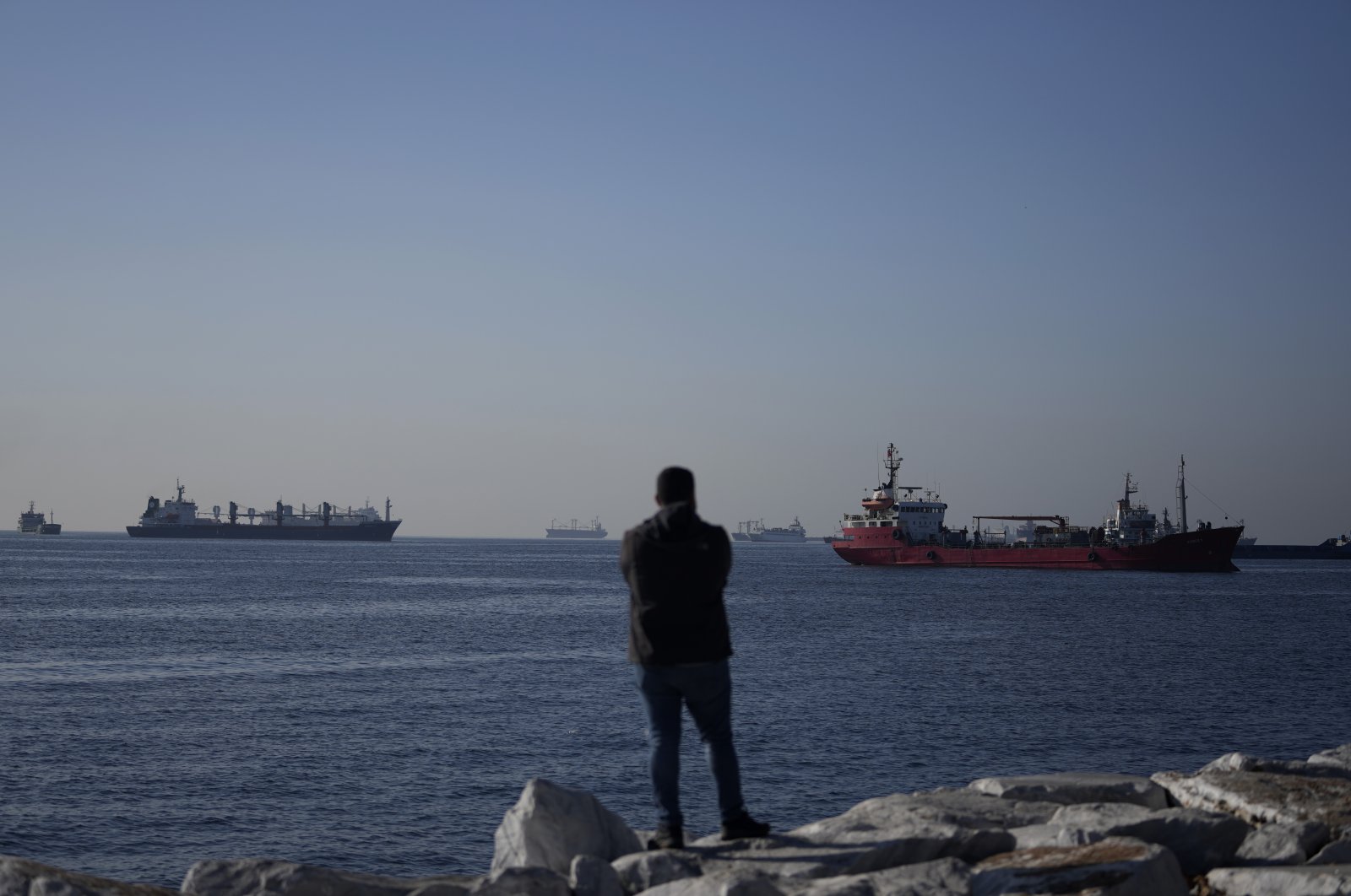 Cargo ships anchored in the Marmara Sea wait to cross the Bosporus in Istanbul, Türkiye, Nov. 1, 2022. (AP Photo)