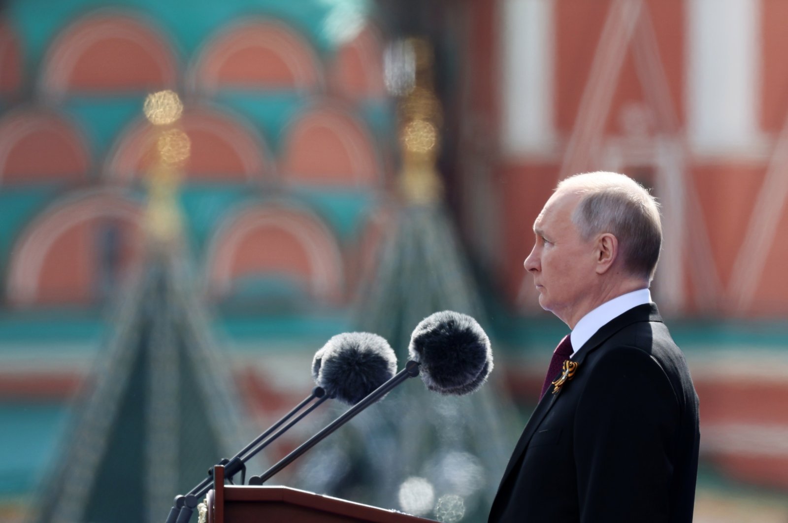 Russian President Vladimir Putin (C) speaks during the Victory Day military parade in Moscow, Russia, May 9, 2023. (EPA Photo)