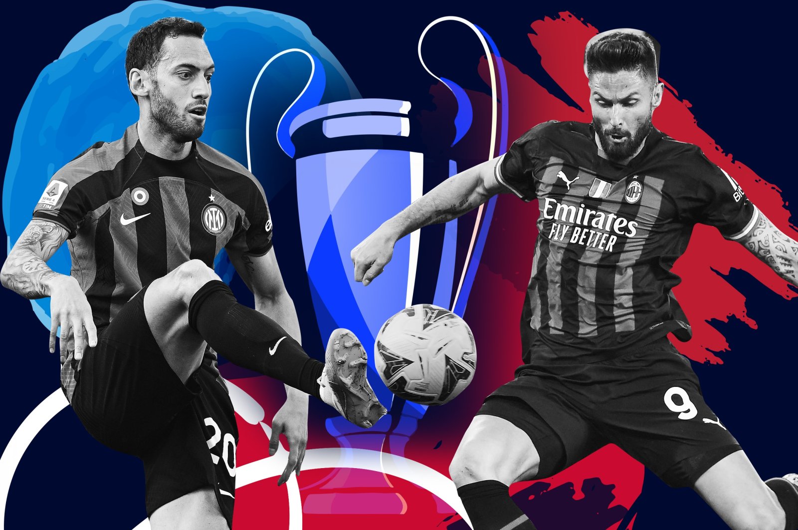 An illustration of the UEFA Champions League trophy between Inter Milan&#039;s Hakan Çalhanoğlu (L) and AC Milan&#039;s Olivier Giroud. (Illustration by Büşra Şen)