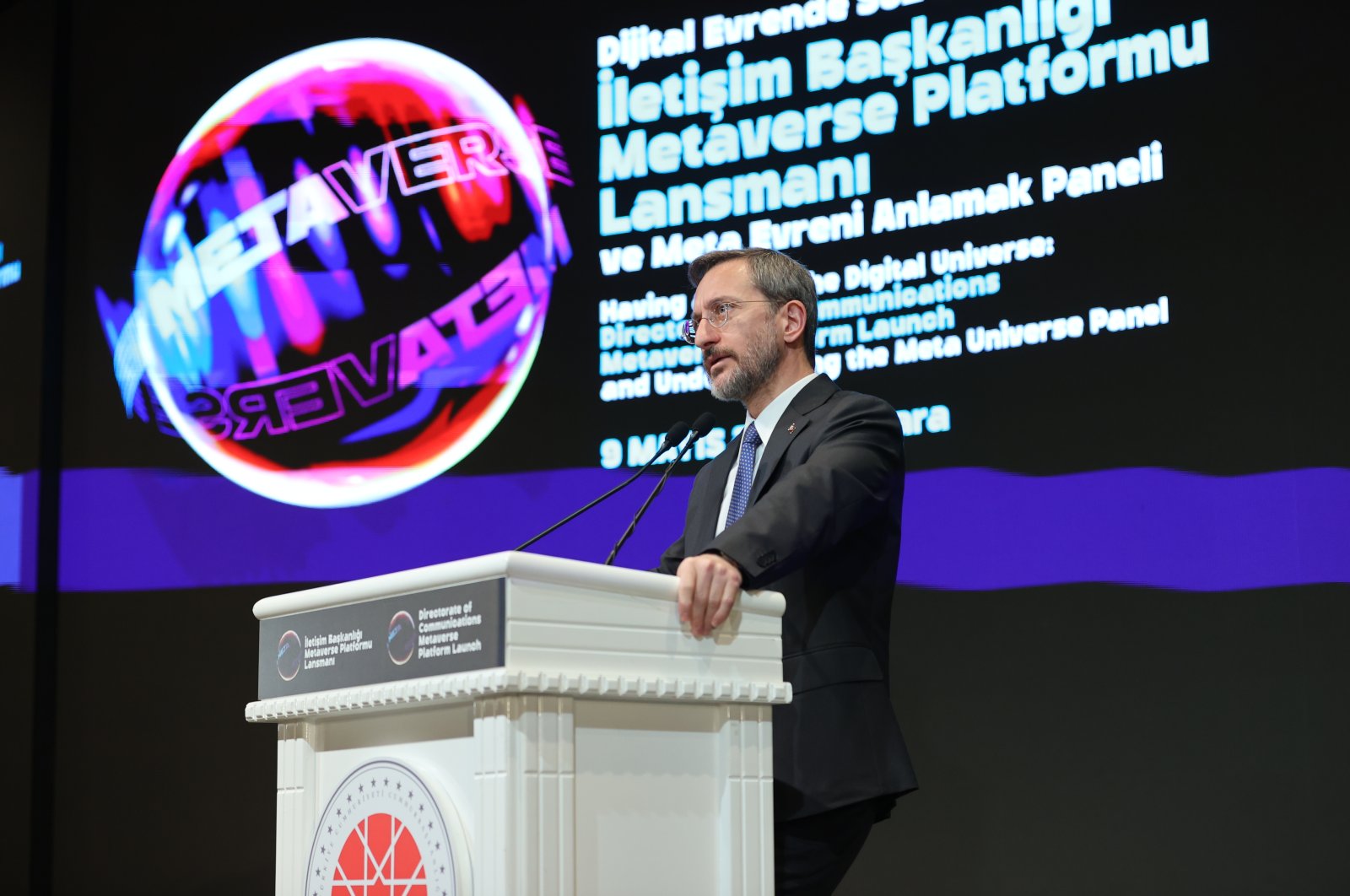 Turkish Presidency&#039;s Communications Director Fahrettin Altun speaks at the launch of Türkiye&#039;s first Metaverse office, Ankara, Türkiye, May 9, 2023. (AA Photo)