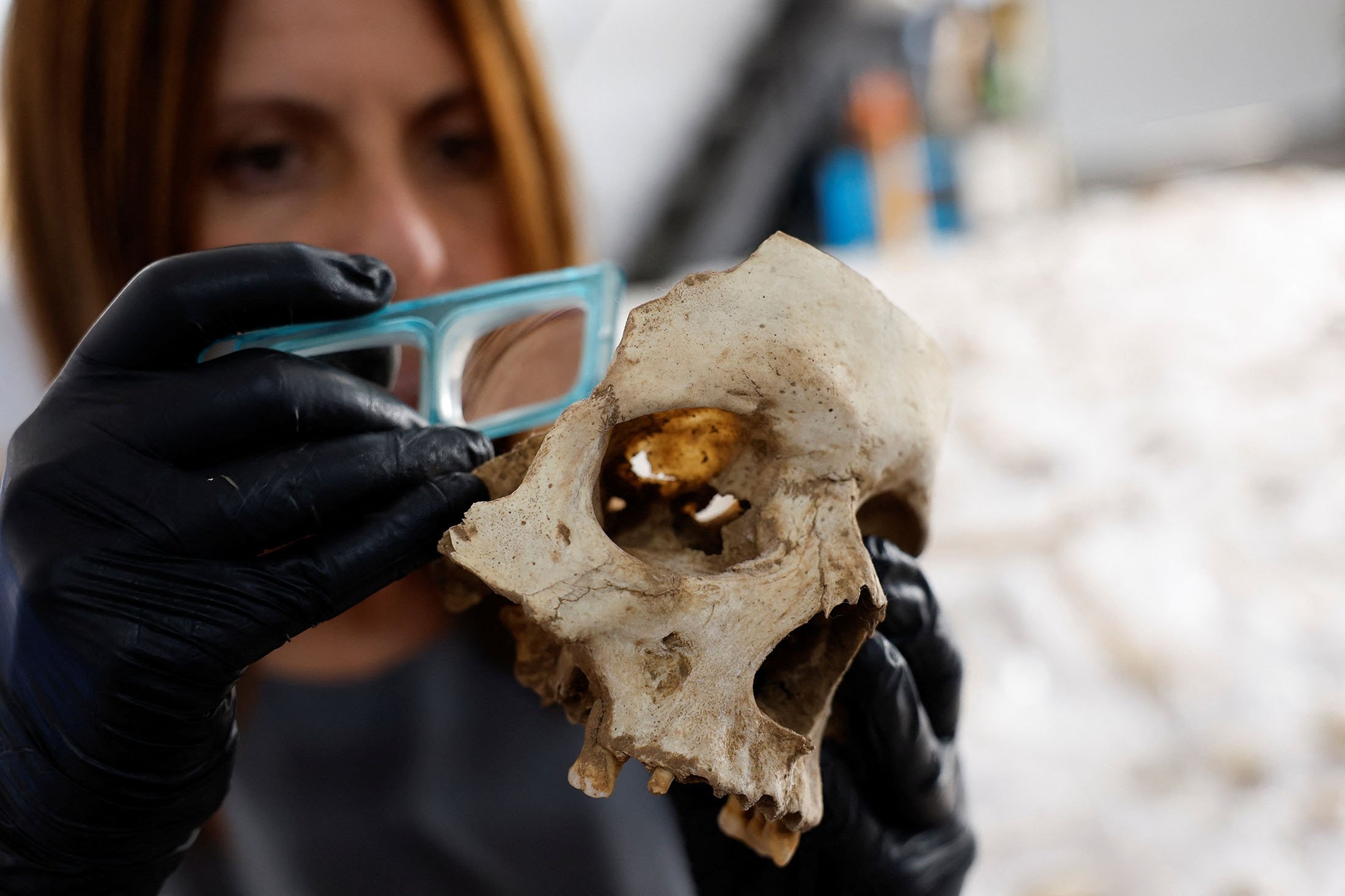 Археолог Вероника Альберто из археологической компании Tibicena анализирует человеческий череп после раскопок в пещере на острове Гран-Канария, Испания, 24 апреля 2023 года. (Фото Reuters)