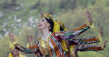 The troupes perform traditional dance in Shusha&#039;s Khari Bulbul music festival, Karabakh, Azerbaijan, May 9, 2023. (AA Photo)