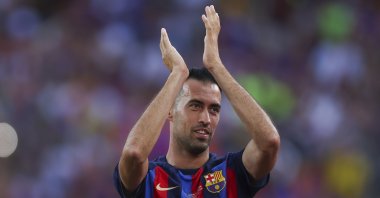 Barcelona's Sergio Busquets waves the supporters ahead of the Joan Gamper Trophy match against Pumas UNAM at Spotify Camp Nou, Barcelona, Spain, Aug. 07, 2022. (Getty Images Photo)