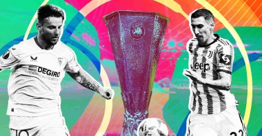 An illustration of the UEFA Europa League trophy between Sevilla's Ivan Rakitic (L) and Juventus' Angel Di Maria. (Illustration by Büşra Şen)