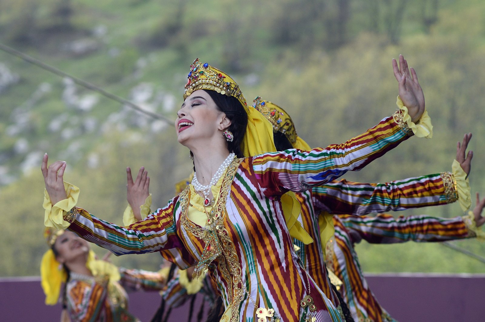 The troupes perform traditional dance in Shusha&#039;s Khari Bulbul music festival, Karabakh, Azerbaijan, May 9, 2023. (AA Photo)