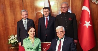 From left to right Ankara University Rector Prof. Dr. Necdet Ünüvar, Ankara Governor Vasip Şahin, and Pakistan&#039;s Ambassador to Türkiye Yousaf Junaid are photographed along with Pakistan Civil Award recipients Prof. Asuman Belen Özcan and Cahit Yaşar Eren, Ankara, Türkiye, May 10, 2023. (AA Photo)
