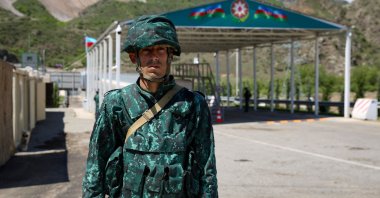 A view of an Azerbaijani checkpoint recently set up at the entry of the Lachin corridor, the Karabakh region's only land link with Armenia, Azerbaijan, May 2, 2023. (AFP Photo)