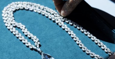 A 90.36 carat Briolette of India Diamond Necklace by U.S. jeweler Harry Winston displayed during the preview of &quot;The World of Heidi Horten&quot; at Christie&#039;s prior to the auction sale in Geneva, Switzerland, May 8, 2023. (EPA Photo)