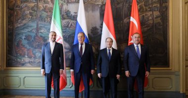 From left to right, Russian Foreign Minister Sergey Lavrov, Iran's Hossein Amir-Abdollahian, Syria's Faisal Mekdad and Türkiye's Mevlüt Çavuşoğlu pose after the meeting, in Moscow, Russia, May 10, 2023. (Reuters Photo)