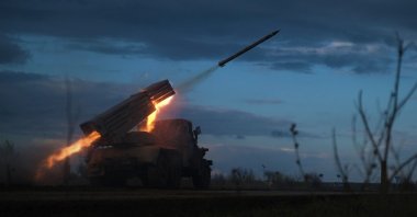 A BM-21 Grad multiple rocket launcher fires towards Russian positions on the frontline near Bakhmut, Donetsk region, Ukraine, April 23, 2023. (AFP Photo)