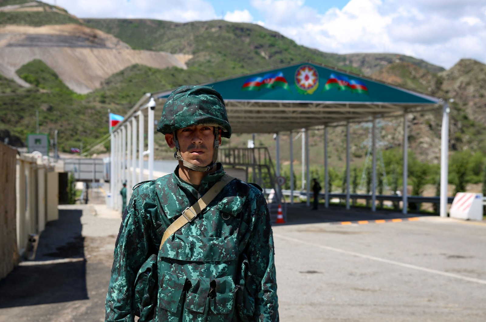 A view of an Azerbaijani checkpoint recently set up at the entry of the Lachin corridor, the Karabakh region&#039;s only land link with Armenia, Azerbaijan, May 2, 2023. (AFP Photo)