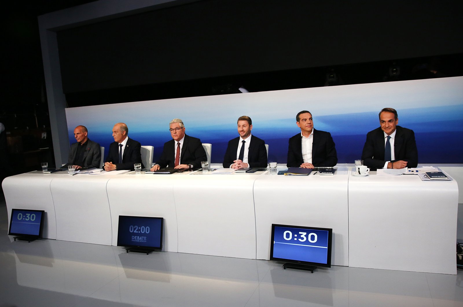 Greek political leaders are seen prior to a pre-election debate in the studios of Greek state TV in Athens, Greece, May 10, 2023. (EPA Photo)