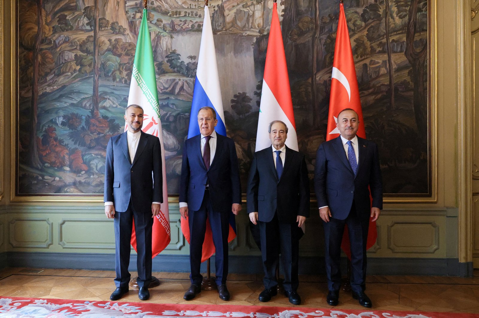 From left to right, Russian Foreign Minister Sergey Lavrov, Iran&#039;s Hossein Amir-Abdollahian, Syria&#039;s Faisal Mekdad and Türkiye&#039;s Mevlüt Çavuşoğlu pose after the meeting, in Moscow, Russia, May 10, 2023. (Reuters Photo)