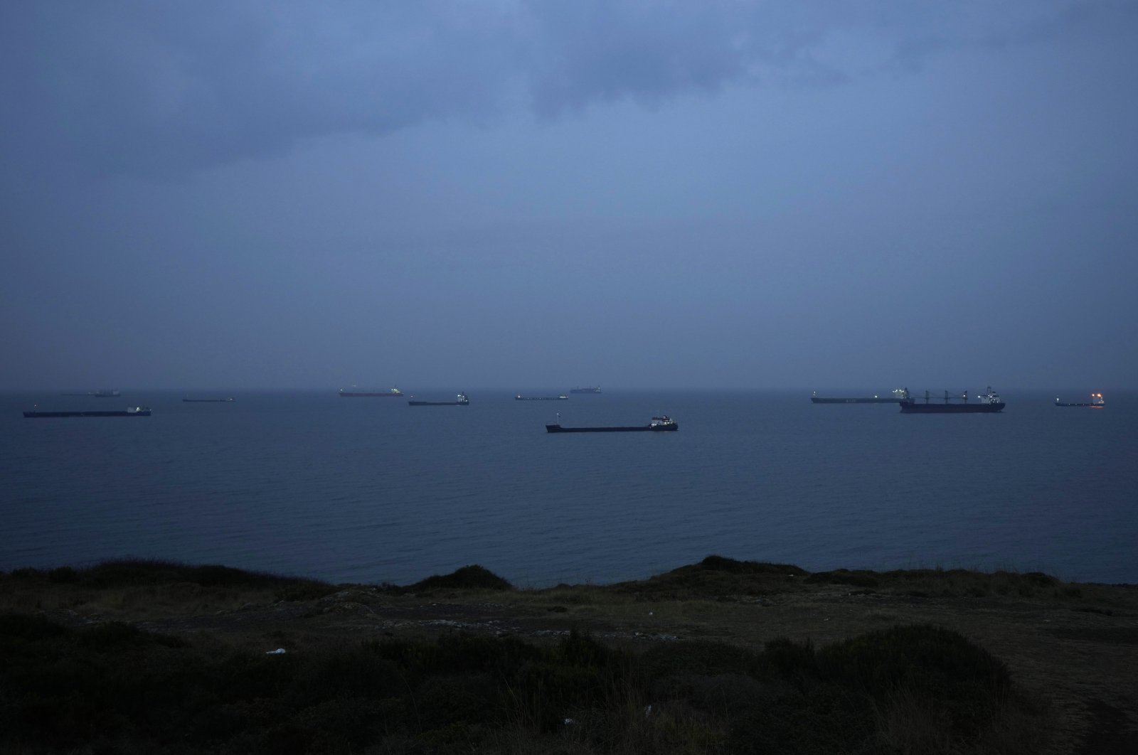Cargo ships anchored in the Black Sea wait to cross the Bosporus in Istanbul, Türkiye, Nov. 17, 2022. (AP Photo)