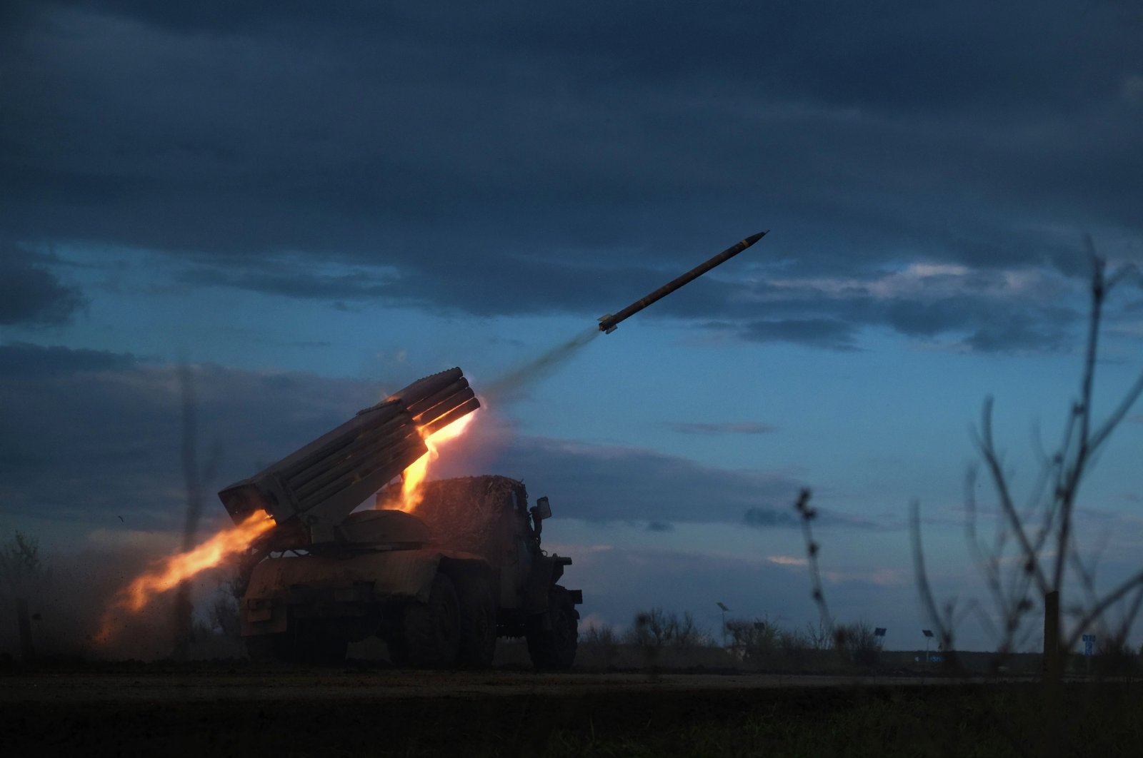 A BM-21 Grad multiple rocket launcher fires towards Russian positions on the frontline near Bakhmut, Donetsk region, Ukraine, April 23, 2023. (AFP Photo)