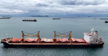 Amfitriti, a bulk carrier that is part of the Black Sea grain deal, and other commercial vessels wait to pass through the Bosporus, in Istanbul, Türkiye, May 10, 2023. (Reuters Photo)