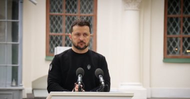 Ukraine President Volodymyr Zelenskyy during a news conference in St. Sophia Cathedral, Kyiv, Ukraine, May 9, 2023. (Getty Images Photo)