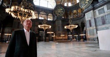 President Recep Tayyip Erdoğan visits Hagia Sophia Grand Mosque, one of Istanbul's main tourist attractions in the historic Sultanahmet district of Istanbul, Türkiye, July 19, 2020. (AP Photo)