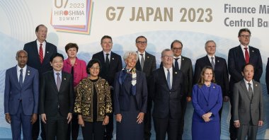 Finance Ministers and central bank governors including invited non-G-7 countries pose for a group photo session during the G-7 Finance Ministers and Central Bank Governors' meeting in Niigata, northern Japan, May 12, 2023. (EPA Photo)