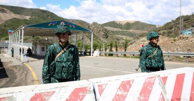 An Azerbaijani checkpoint recently set up at the entry of the Lachin corridor by a bridge across the Hakari river, Karabakh, Azerbaijan, May 2, 2023. (AFP Photo)