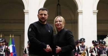 Italian Premier Giorgia Meloni (R), and Ukrainian President Volodymyr Zelenskyy shake hands before their meeting at Chigi Palace, Government's office, in Rome, Italy, May 13, 2023. (AP Photo)