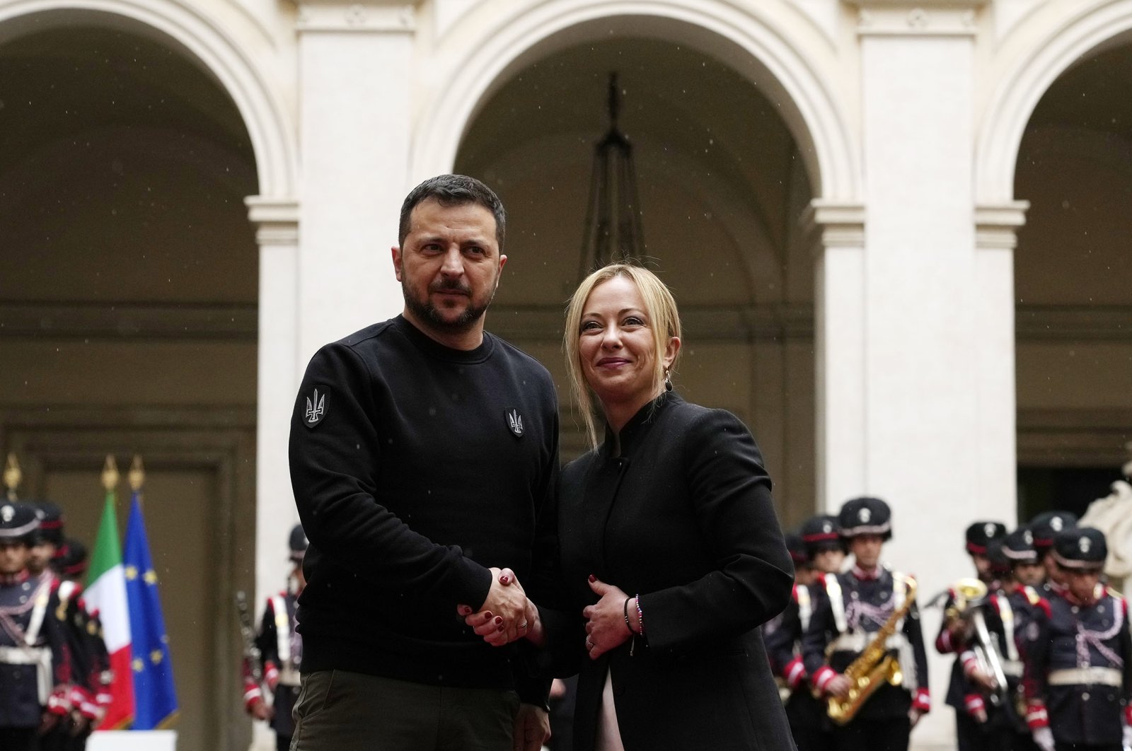 Italian Premier Giorgia Meloni (R), and Ukrainian President Volodymyr Zelenskyy shake hands before their meeting at Chigi Palace, Government&#039;s office, in Rome, Italy, May 13, 2023. (AP Photo)