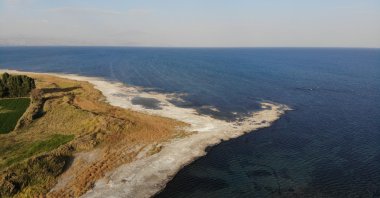 An aerial view of Lake Van could be seen amid receding water levels, Van, Türkiye, May 5, 2023. (IHA Photo)