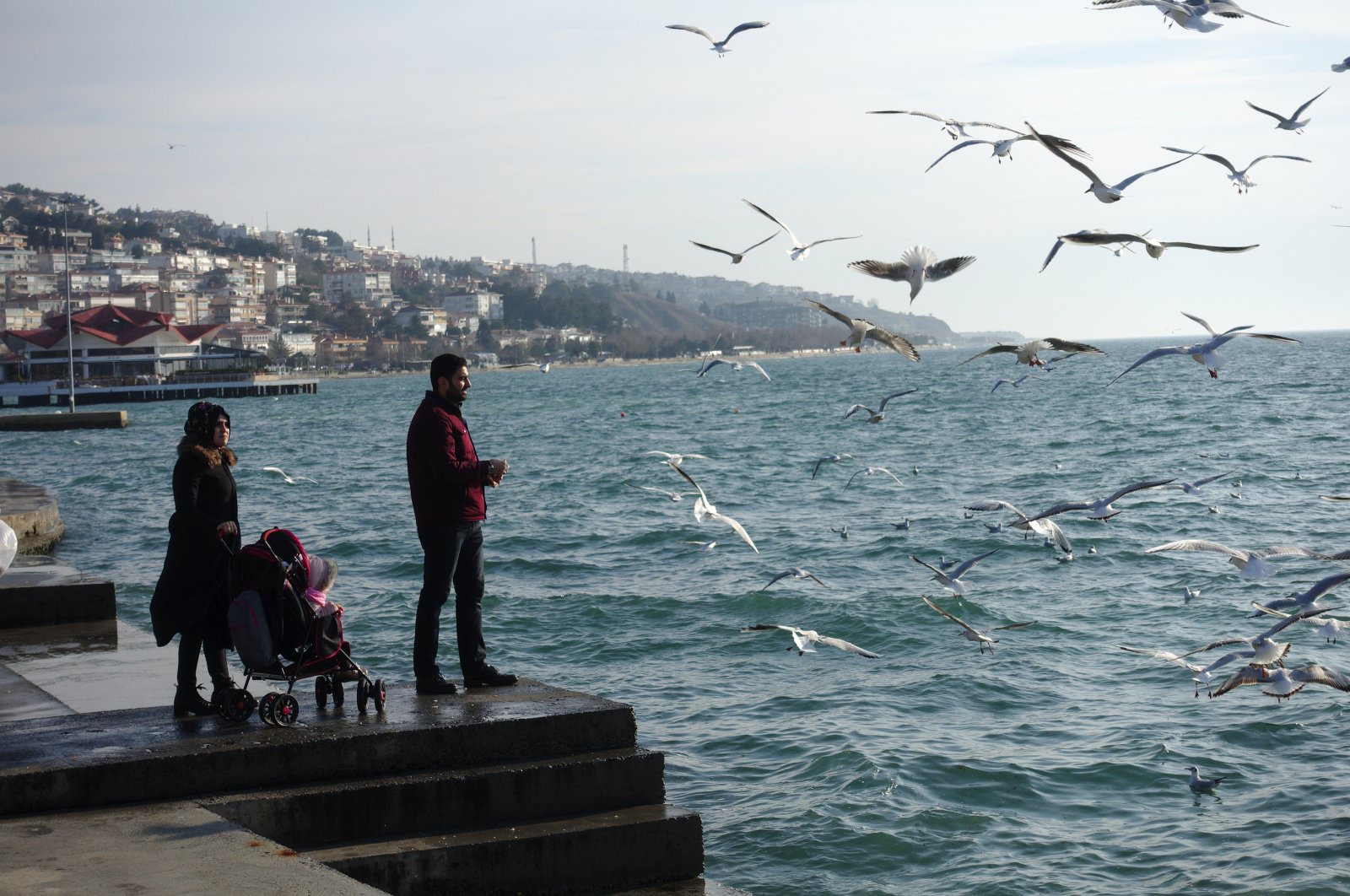 A Turkish family feeding seagulls at the coast in Büyükçekmece district, Istanbul, Türkiye, Feb. 4, 2017. (Shutterstock Photo)