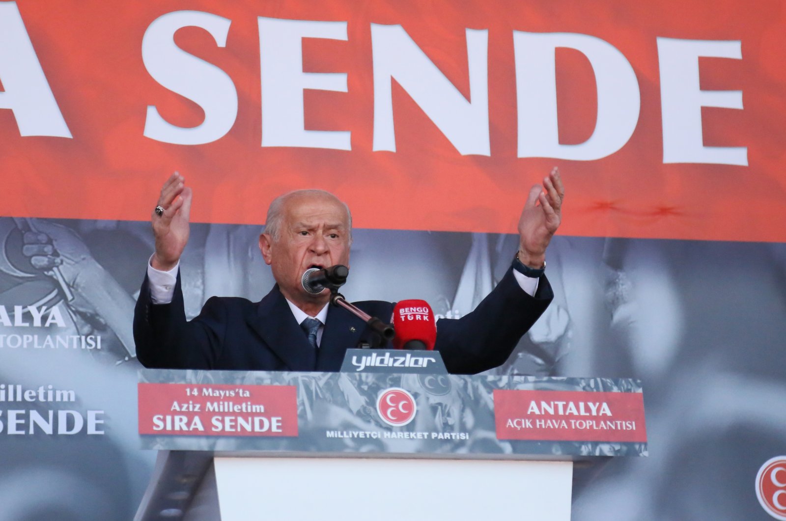 MHP Chairman Devlet Bahçeli addresses supporters in Antalya, Türkiye, May 13, 2023. (DHA Photo)