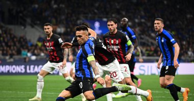 Inter Milan's Lautaro Martinez shoots for goal in UEFA Champions League semifinal match against AC Milan at the San Siro Stadium, Milan, Italy, May 16, 2023. (AA Photo)