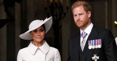 Britain's Prince Harry, Duke of Sussex, and Britain's Meghan, Duchess of Sussex, leave at the end of the National Service of Thanksgiving for The Queen's reign at Saint Paul's Cathedral in London on June 3, 2022. (AFP File Photo)
