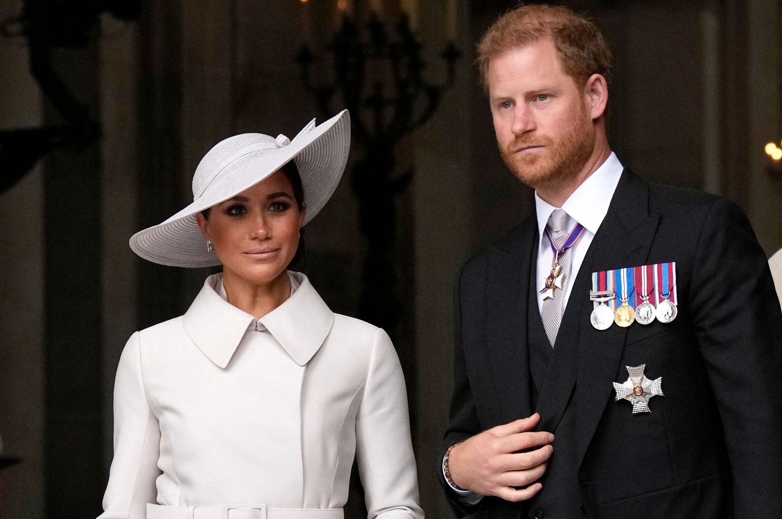 Britain&#039;s Prince Harry, Duke of Sussex, and Britain&#039;s Meghan, Duchess of Sussex, leave at the end of the National Service of Thanksgiving for The Queen&#039;s reign at Saint Paul&#039;s Cathedral in London on June 3, 2022. (AFP File Photo)