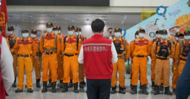 Taiwan&#039;s Foreign Minister Joseph Wu is seen with a rescue group that is heading off to Türkiye to assist the earthquake response, Taipei, Taiwan, Feb. 6, 2023 (AA Photo)