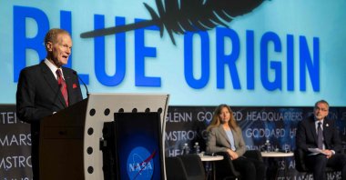 NASA Administrator Bill Nelson announces Blue Origin as the company selected to develop a sustainable human landing system for the Artemis V Moon mission, at the Mary W. Jackson NASA Headquarters building in Washington, May 19, 2023. (AFP Photo)
