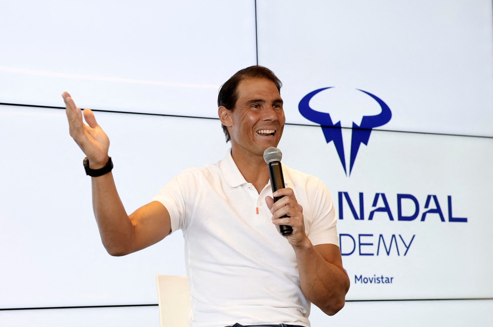 Spanish tennis player Rafael Nadal gestures as he talks during a press conference to announce he will not compete in the French Open, at the Rafa Nadal Academy, Manacor, Spain, May 18, 2023. (AFP Photo)