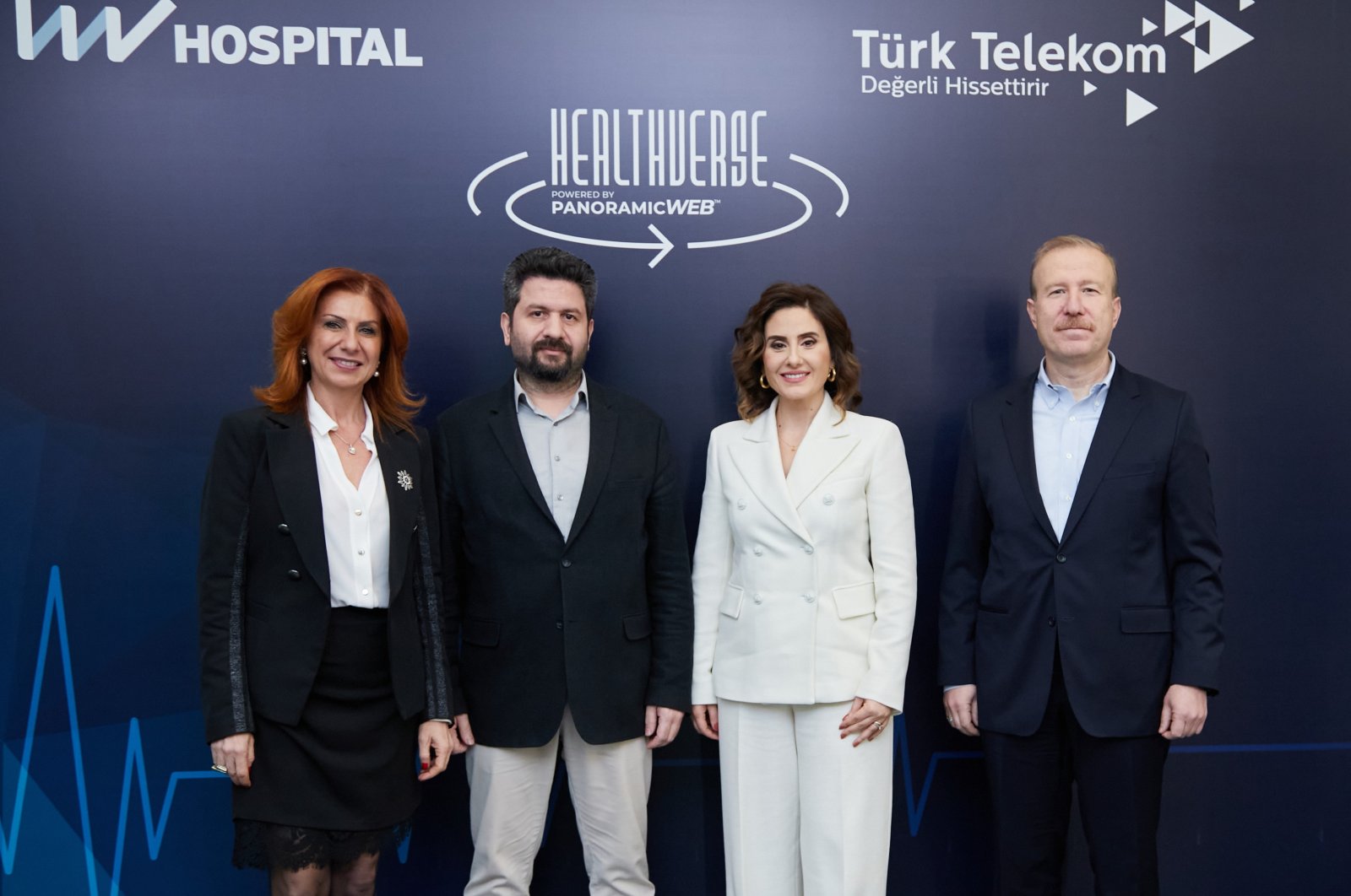 From left, Liv Hospital Group Coordinator Meri İstiroti, Ulaş Aksan and Beliz Teoman Ünay, co-founders of Healthverse PanoramicWEB, and Türk Telekom Corporate Sales Deputy General Manager Mustafa Eser. (Courtesy of Türk Telekom)