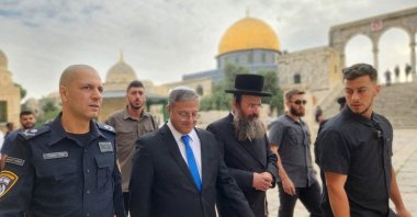 Israeli far-right National Security Minister Itamar Ben-Gvir (2nd L) visits the Al-Aqsa compound, East Jerusalem, occupied Palestine, May 21, 2023. (Reuters Photo)