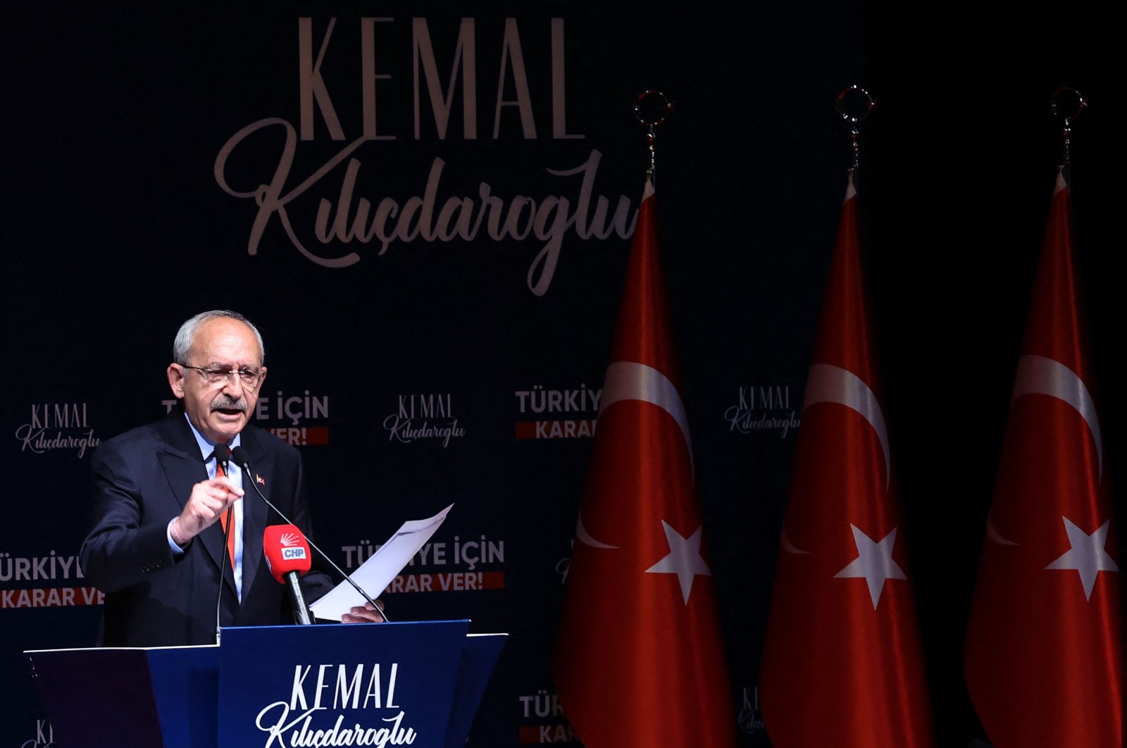 Kemal Kılıçdaroğlu, leader of the Republican People&#039;s Party (CHP) and the joint presidential candidate of the Nation Alliance, speaks during a news conference in Ankara, Türkiye, May 18, 2023. (AFP Photo)