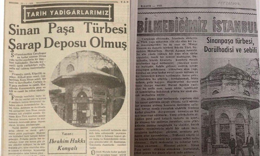 Dua kliping surat kabar menjelaskan bagaimana Madrasah Sinan Pasha diubah menjadi gudang anggur.  (Foto oleh Betül Tilmaç)